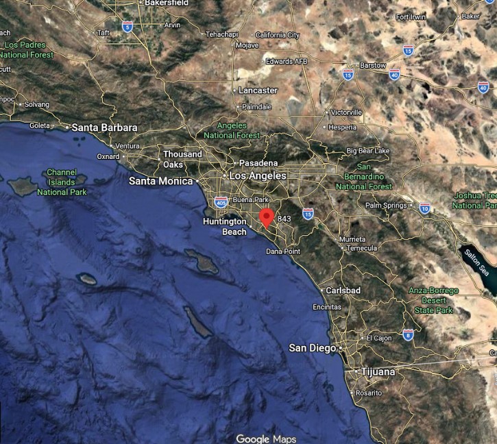 Southern California satellite map with the UC Irvine MATRIX location marked
